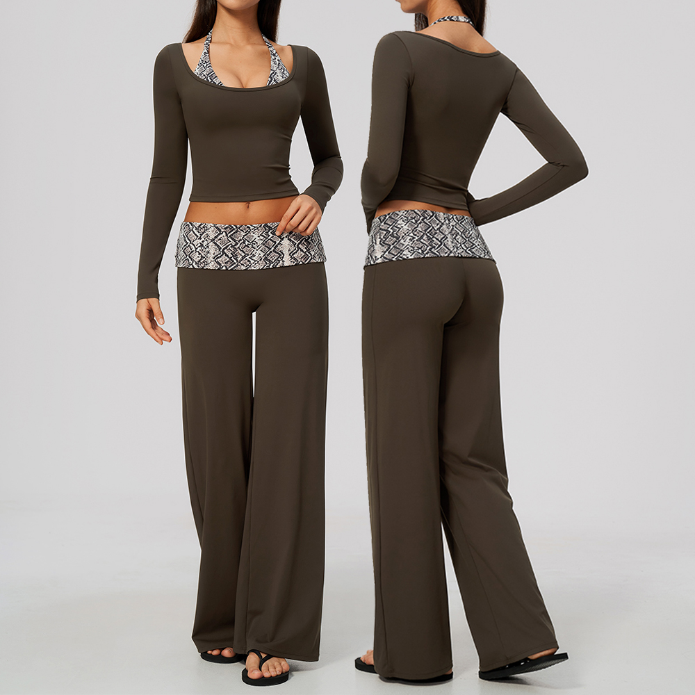 Compression Long Pant - ヨガセット、スポーツスーツ、ジムウェア2点セット、女性用、ドット柄、チェック柄、長袖、ストライプ柄、ワイドレッグパンツ、ワークアウトウェア、スポーツウェア。