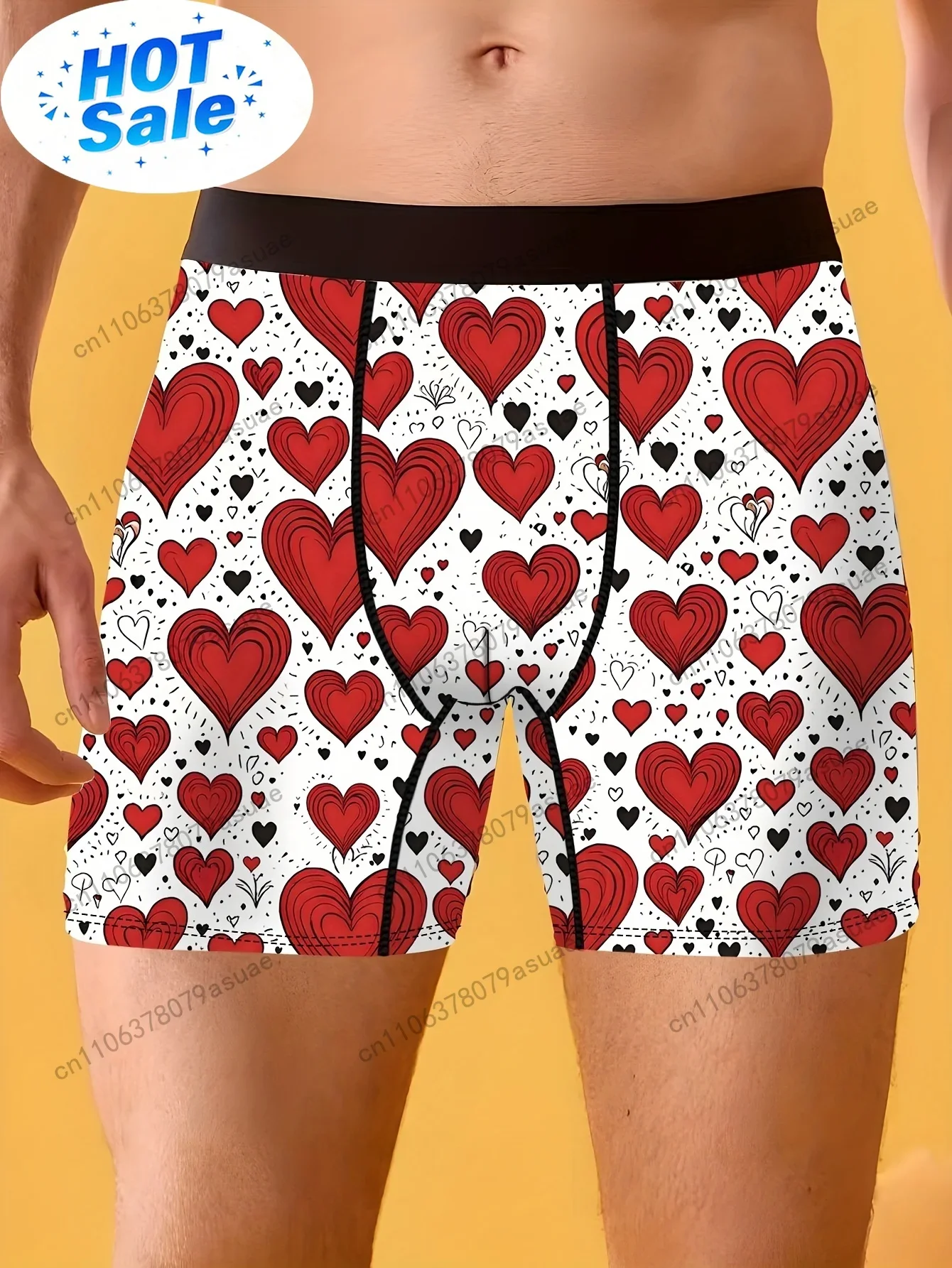 Quick Dry Underwear - 1pc メンズ ハートプリント ボクサーブリーフ - 柔らかく伸縮性のある速乾性下着、伸縮性ウエストバンドとドローストリング付き、レッド＆ハート柄